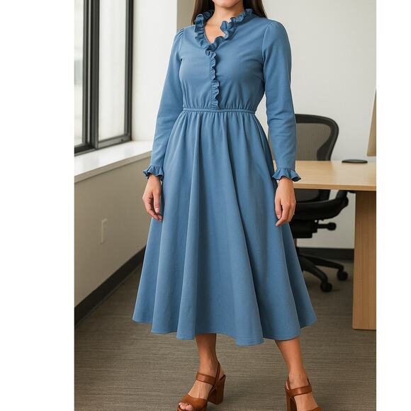 Vintage 70s Blue Retro Secretary Ruffle Dress Small Modest Midi Cottagecore - Picture 1 of 9